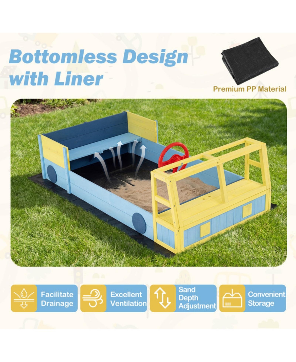 Hongge Fire Truck Wooden Sandbox, 63" x 34" x 23", Foldable Bottom Liner, Seats 2, Ages 18 Months+