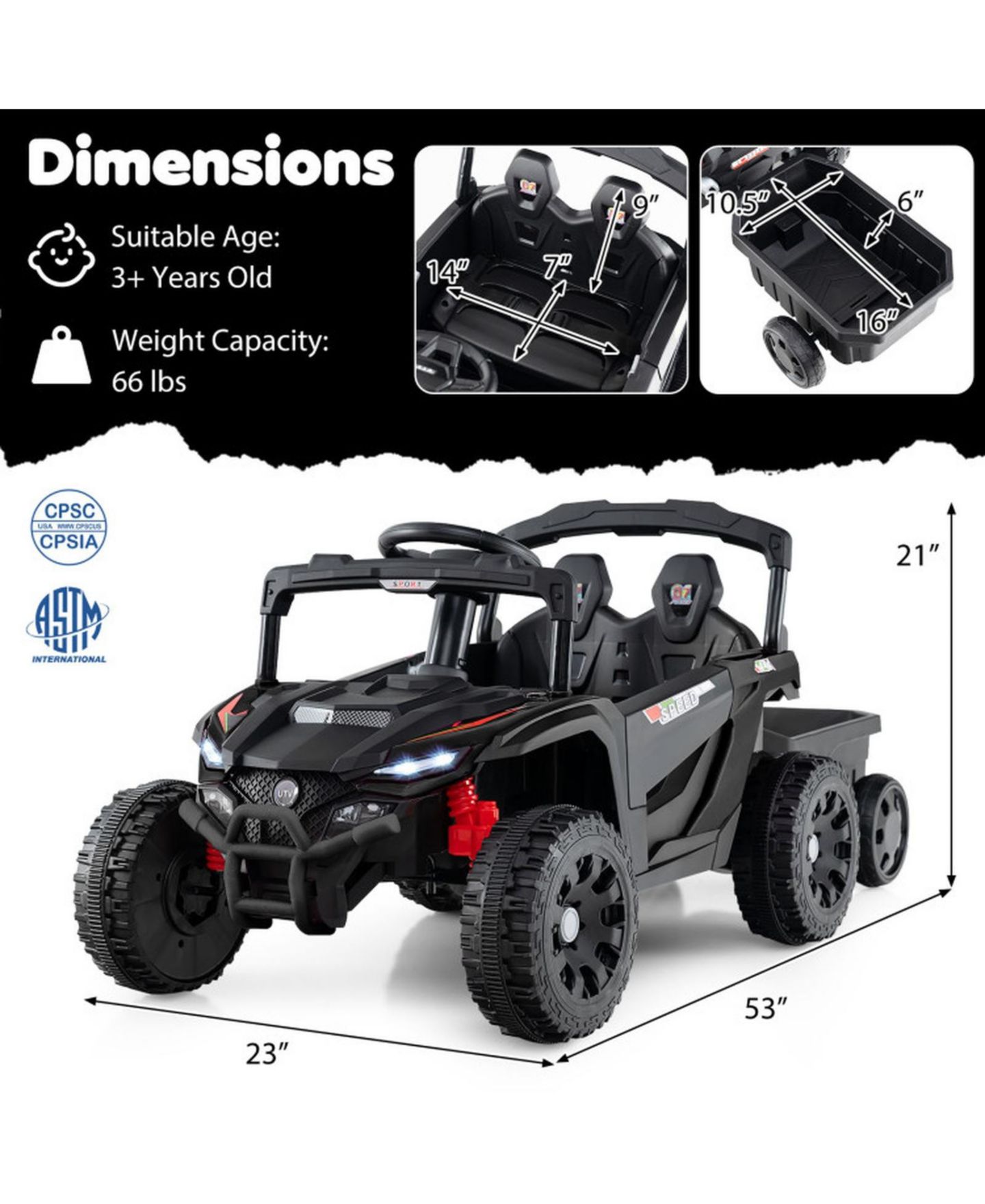 Детская игрушка HONGGE 12V Kids Ride-On Tractor with Detachable Trailer Parent Remote and LED Lights, цвет: Тёмный серый — фото 3