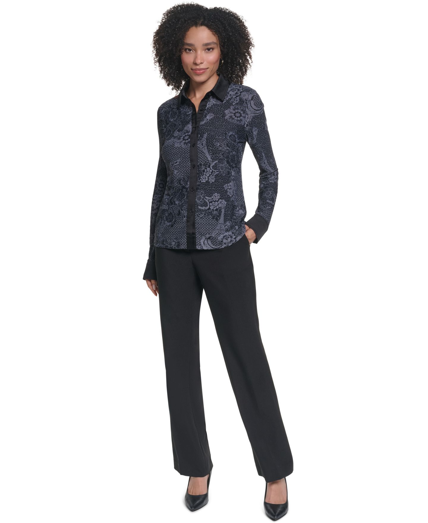Женская блузка KARL LAGERFELD PARIS Petite KL2008 Long-Sleeve Button-Up Point Collar Blouse, цвет: Чёрный / Графитовый меланжевый — фото 2