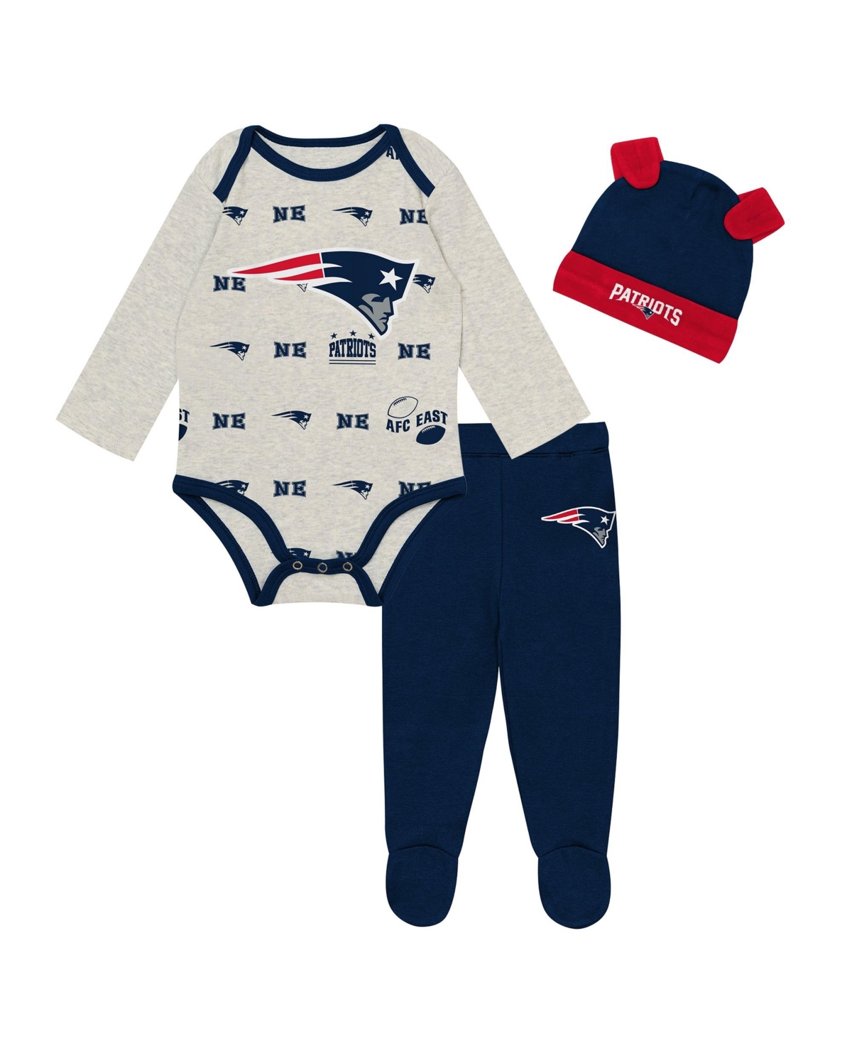 Outerstuff Baby Boys and Girls Heather Gray New England Patriots Huddles Giggles 3-Piece Pant and Hat Set - Heather Gray, College Navy