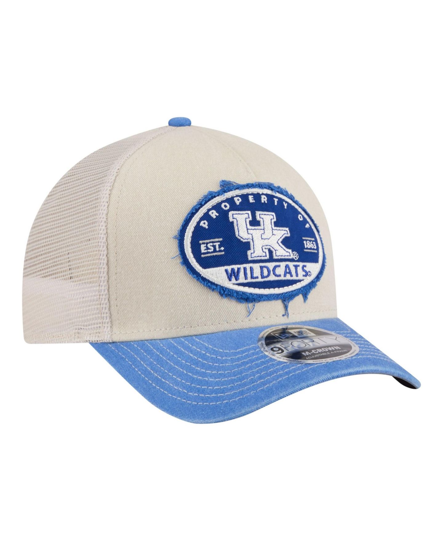 Мужская кепка New Era Stone/Royal Kentucky Wildcats Frayed Patch 9FORTY M-Crown A-Frame Trucker Adjustable Hat — фото 3