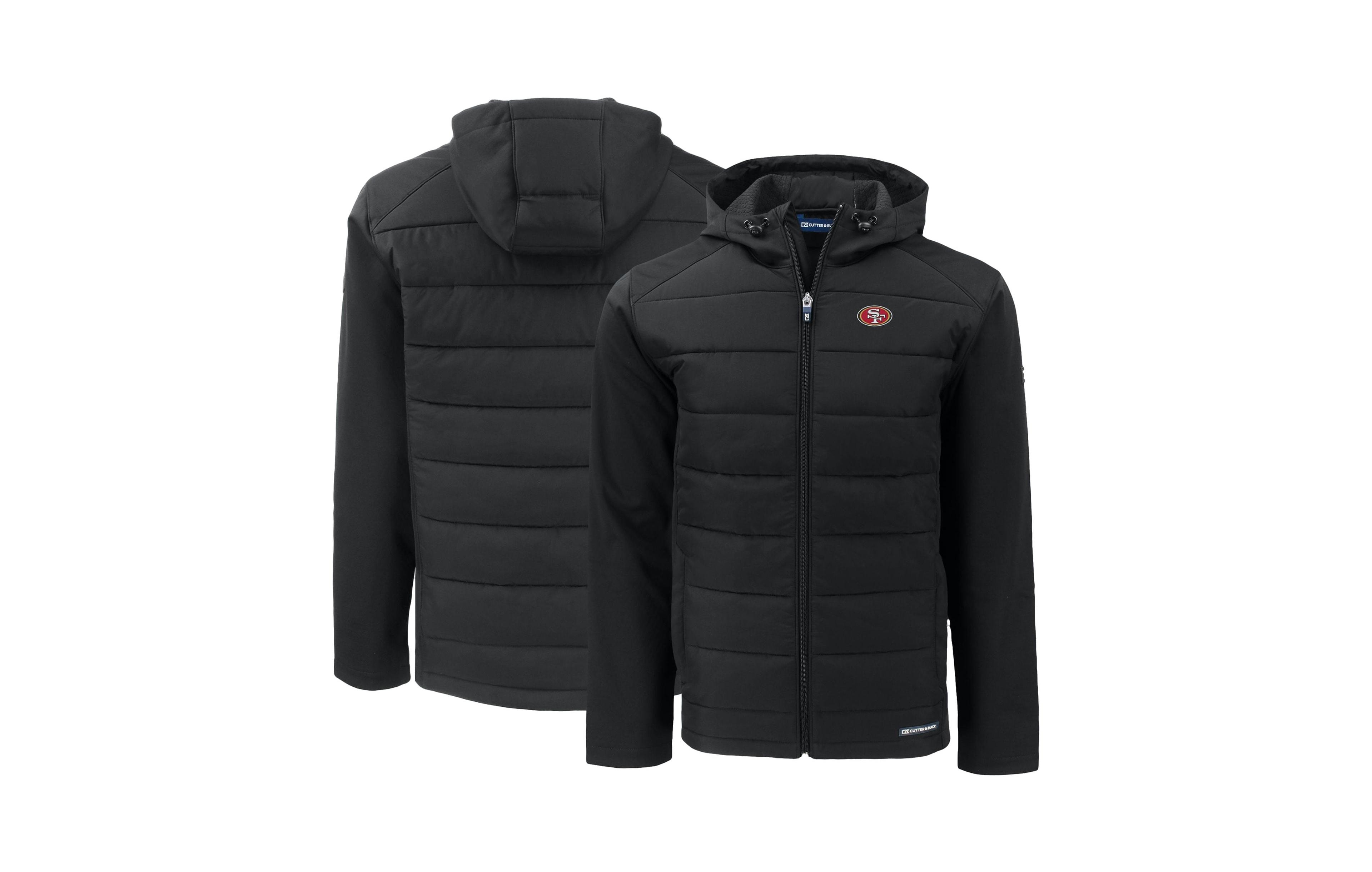 Cutter & Buck Men's Black San Francisco 49ers Evoke PrimaLoft Hybrid Eco Softshell Recycled Full-Zip Hooded Jacket