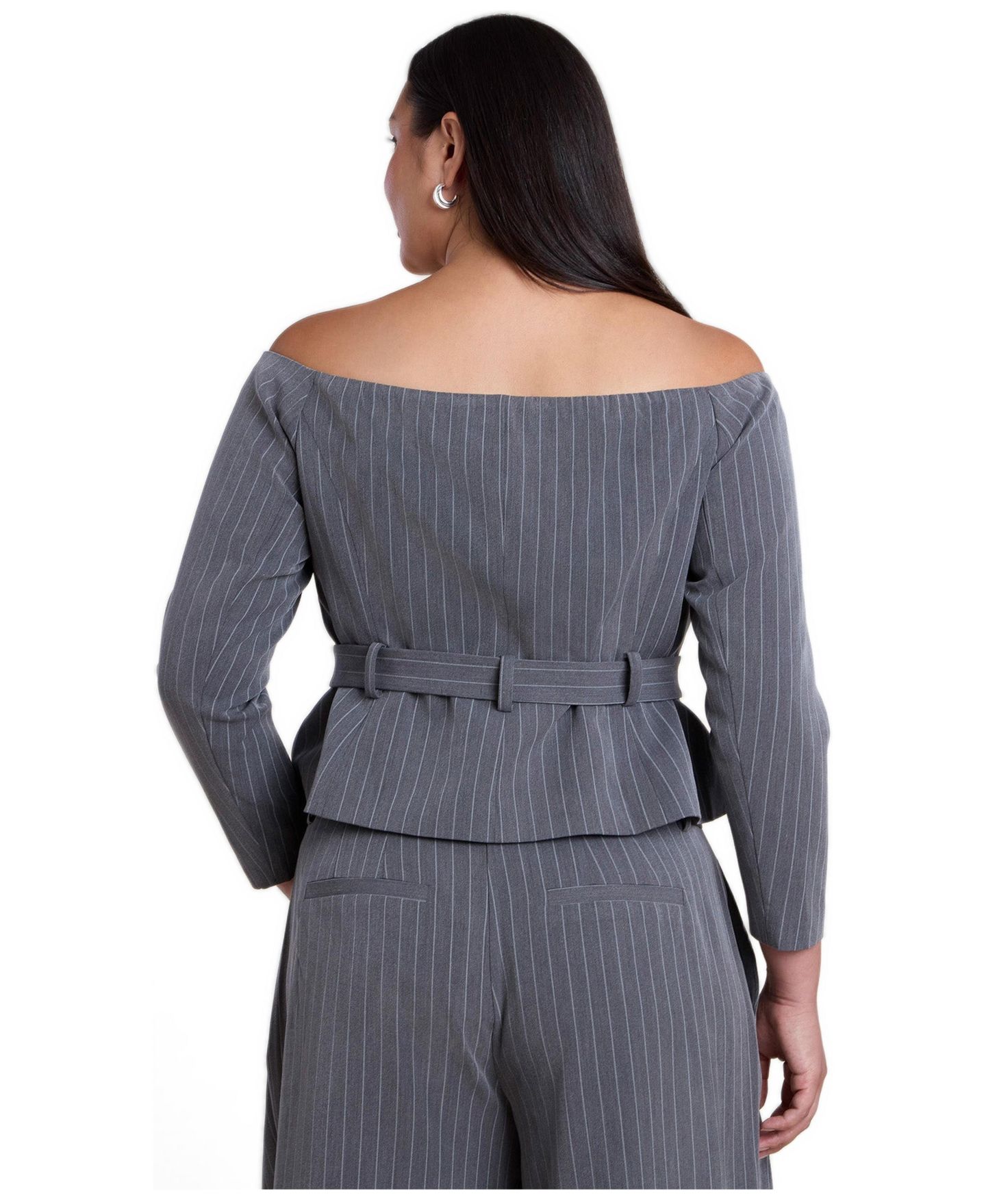 Женский топ ELOQUII Plus Size Off The Shoulder Belted Blazer Top, цвет: Тёмный меланжевый серый — фото 4