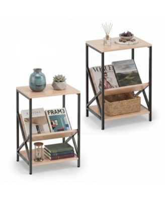 Industrial Side Table 3-Tier End Table with V-Shaped Magazine Holder Beech