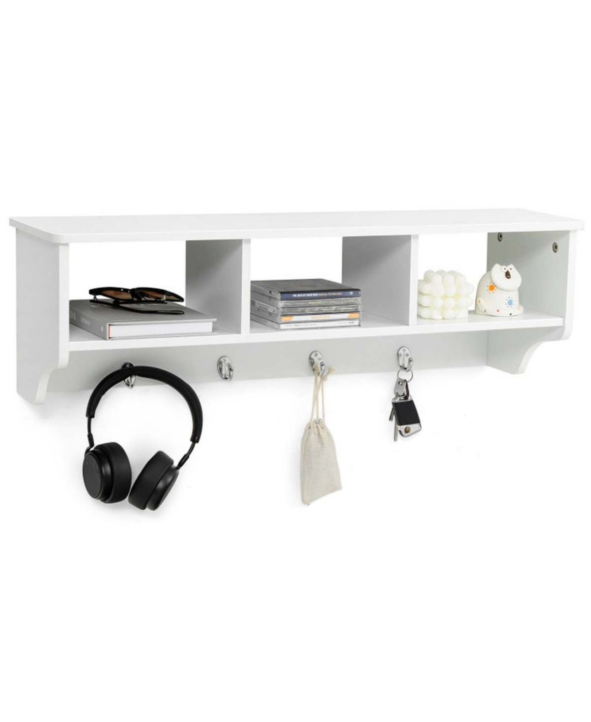 Gouun Wall Mounted Entryway Shelf with 4 Hooks and 3 Storage Compartments