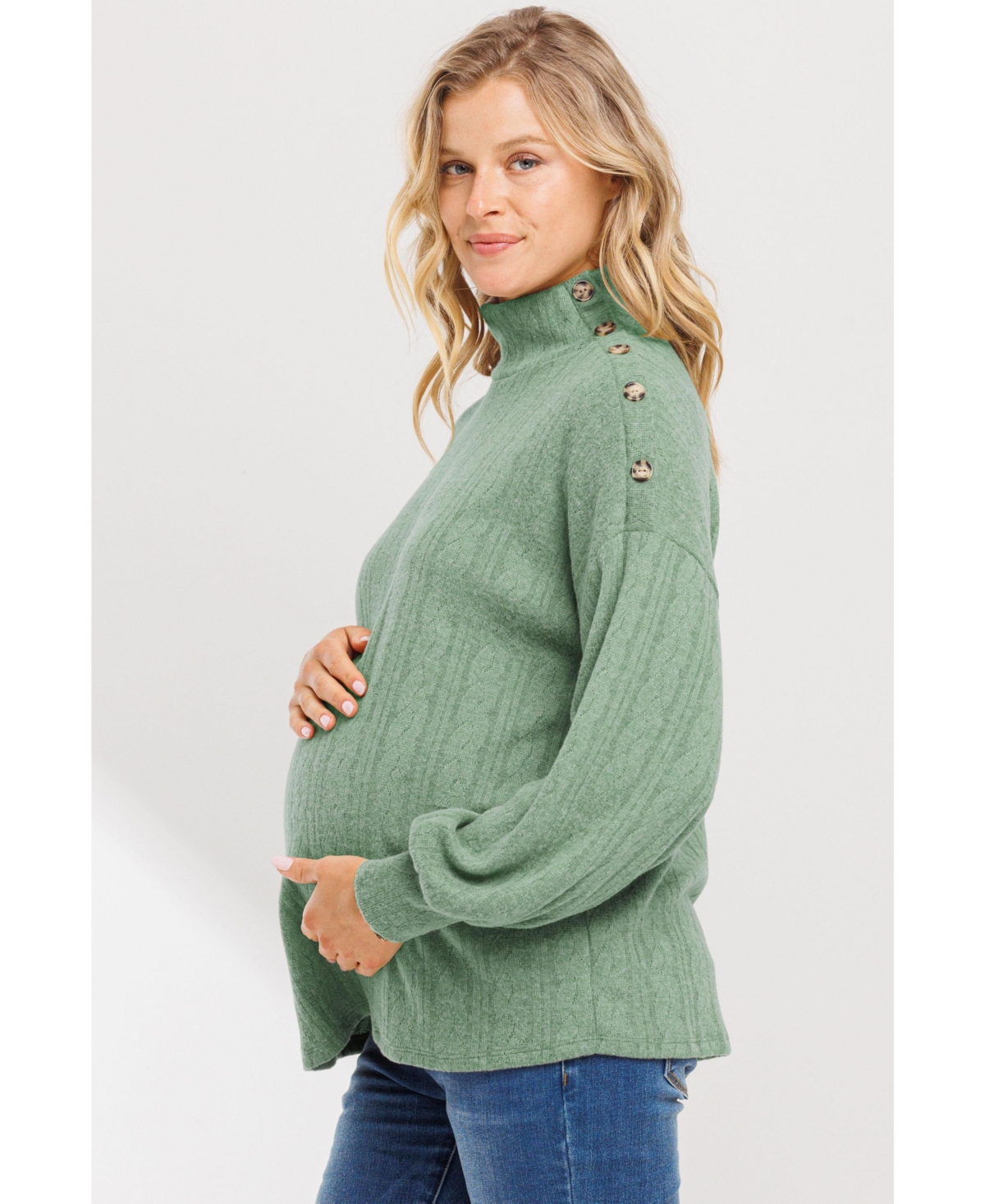 Hello Miz Women's Mock Neck Button Shoulder Knit Sweater