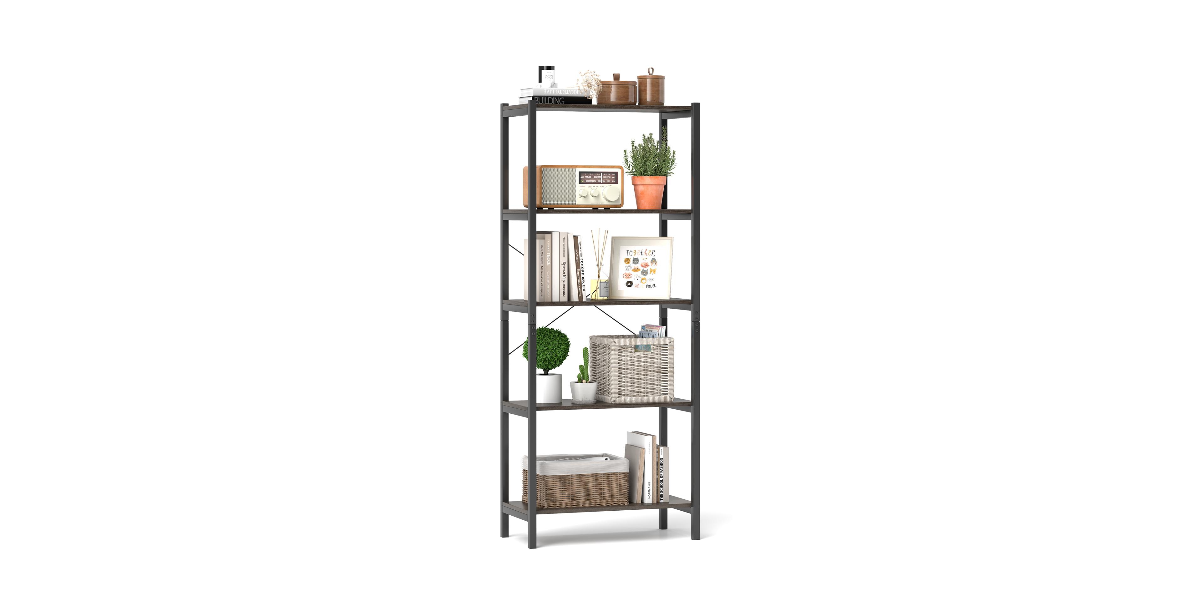 Mecale 5-Tier Industrial Bookshelf Display Storage Rack with Metal Frame