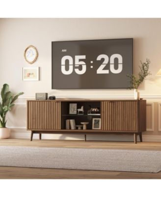 TV Stand for Living Room, 63 in Mid-Century Modern Entertainment Center with Storage, LED Lights and Power Outlet for TVs up to 75 in