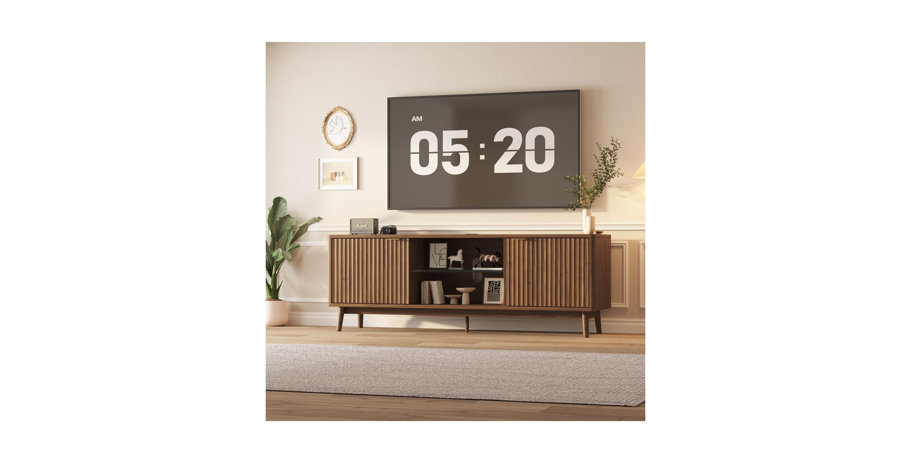 homfan Tv Stand for Living Room, 63 in Mid-Century Modern Entertainment Center with Storage, Led Lights and Power Outlet for TVs up to 75 in
