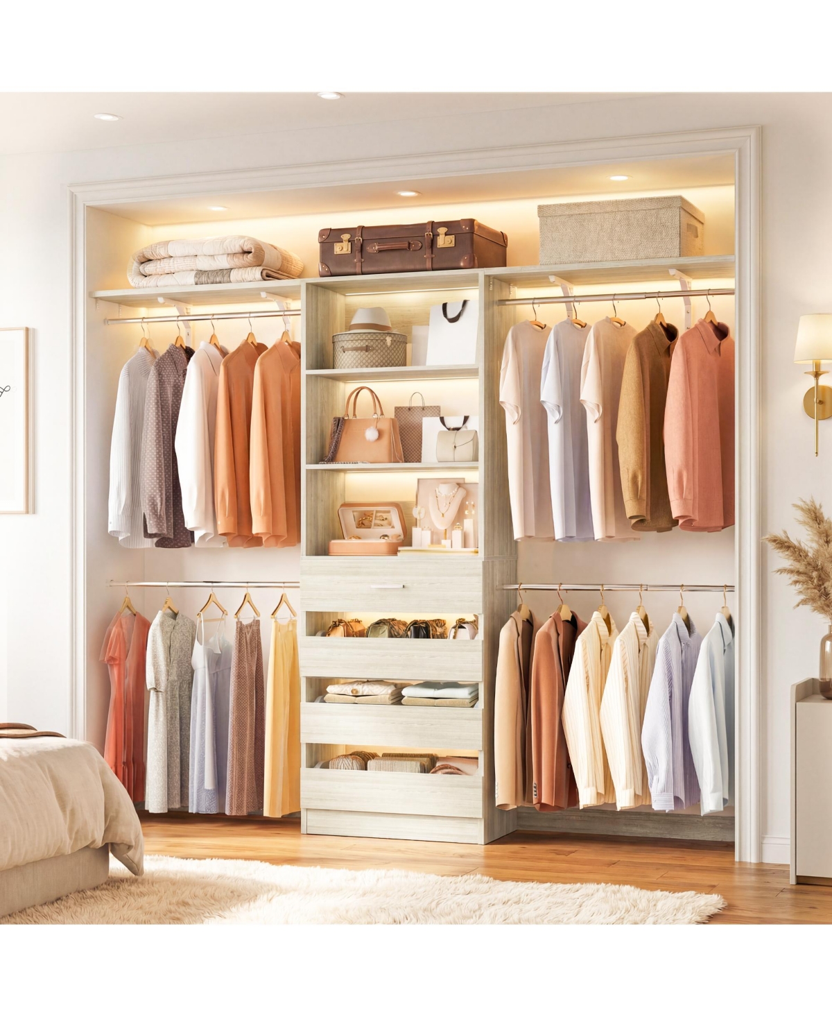 Aheaplus 8FT Wooden Closet Organizer System with 4 Drawers and Shelves for Walk-in Wardrobe