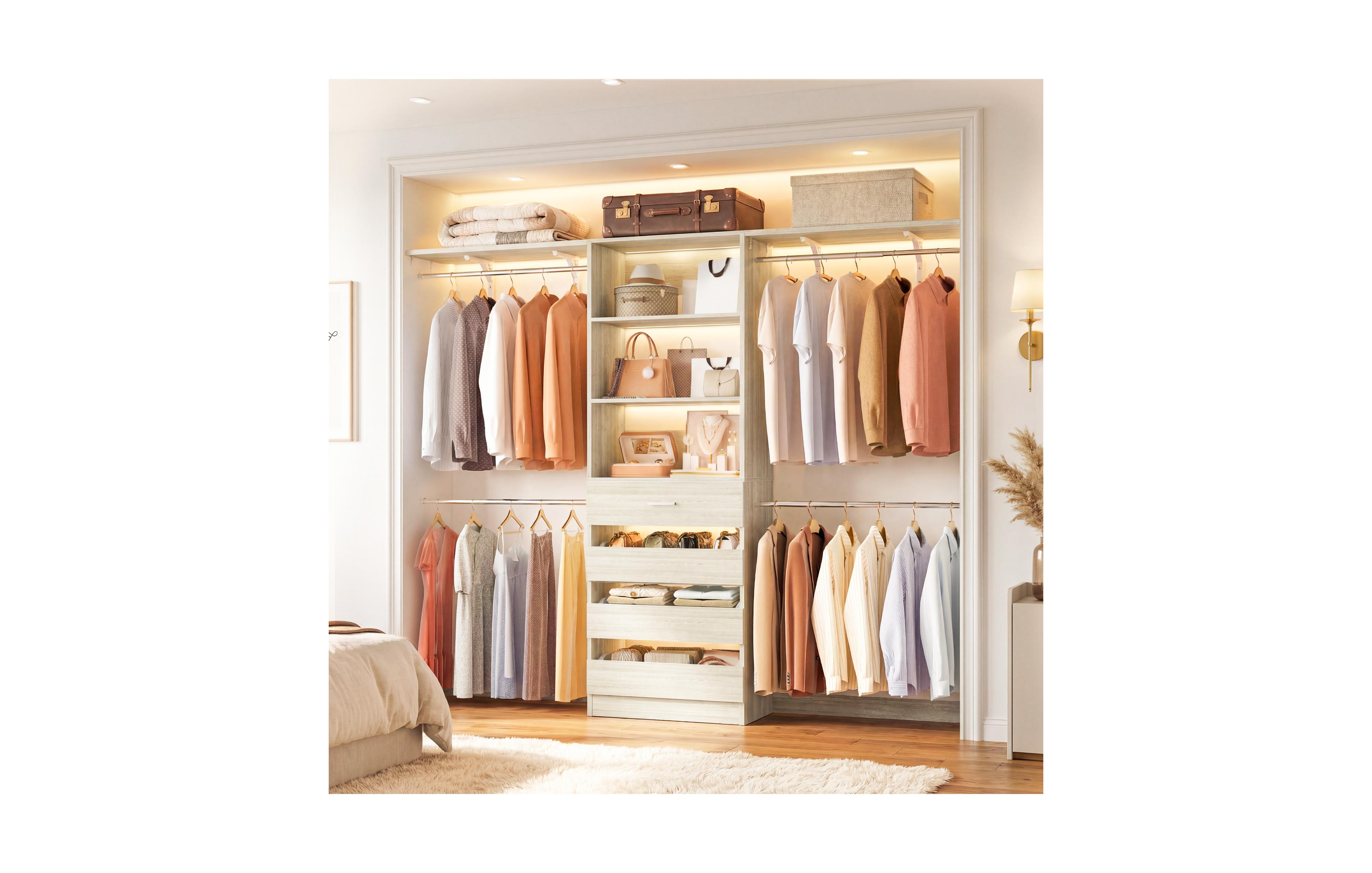 Aheaplus 8FT Wooden Closet Organizer System with 4 Drawers and Shelves for Walk-in Wardrobe