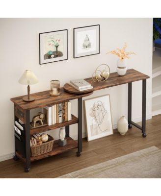 Rotating Side Table with Charging Station, 3-Tier Storage, Side Bag and 6 Lockable Casters for Bedroom or Living Room