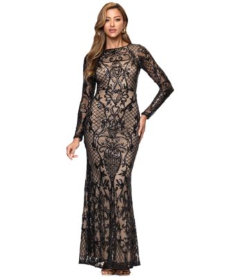Plus Size Lorraine Long-Sleeve Boat-Neck Geometric Gown