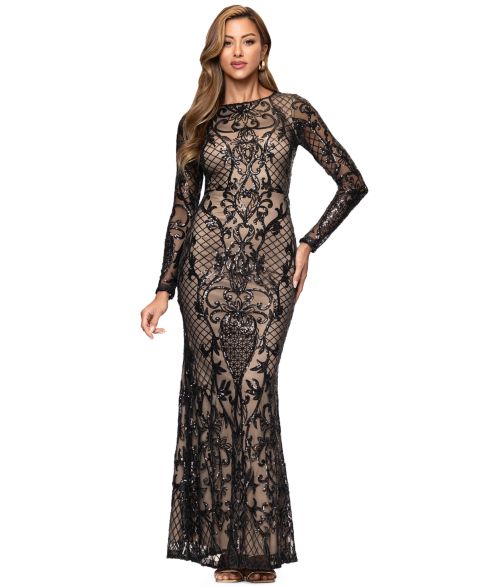 Женское платье B&A By Betsy and Adam Plus Size Lorraine Long-Sleeve Boat-Neck Geometric Gown, цвет: Чёрный телесный