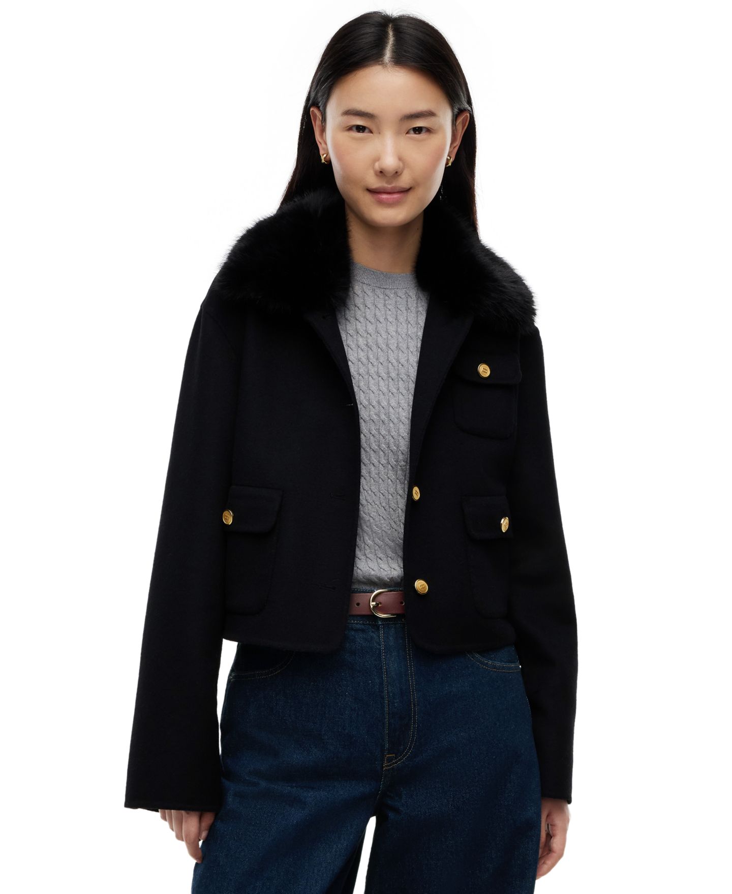 Женская куртка Tommy Hilfiger Wool-Blend Cropped with Faux Fur, цвет: Чёрный — фото 1