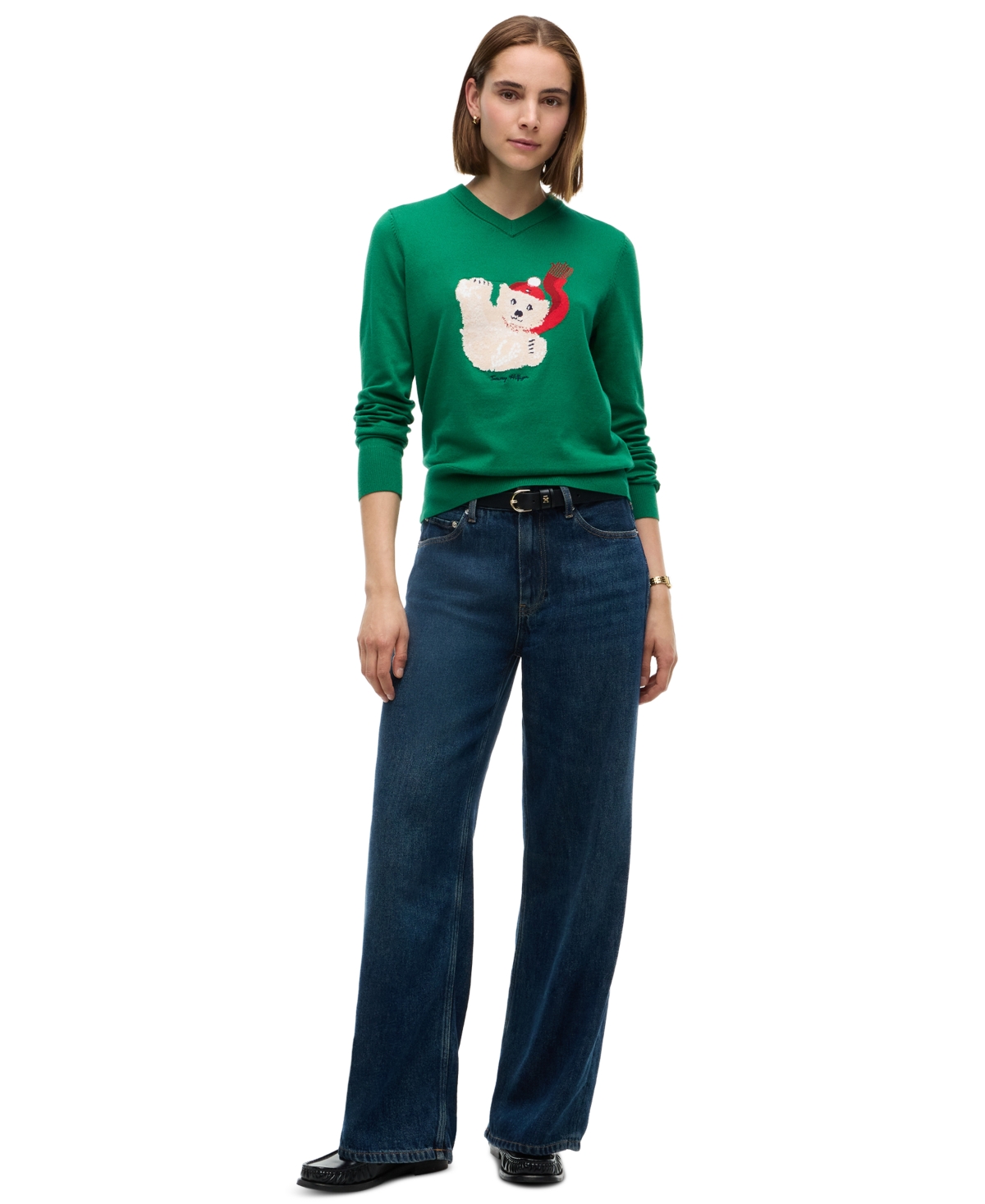 Tommy Hilfiger Women's Intarsia V-Neck Sweater - Nouveau Green Falling Bear