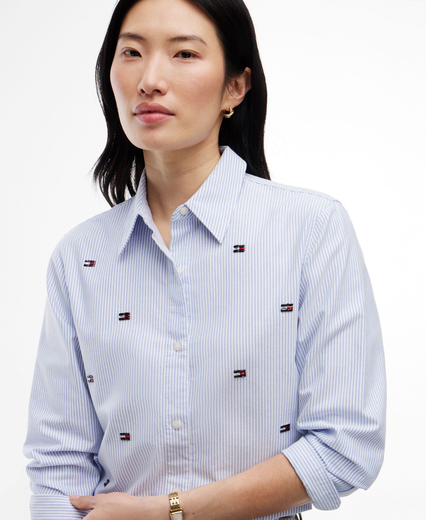 Женская рубашка Tommy Hilfiger Oxford Striped Embroidered Long-Sleeve, цвет: Синий — фото 4