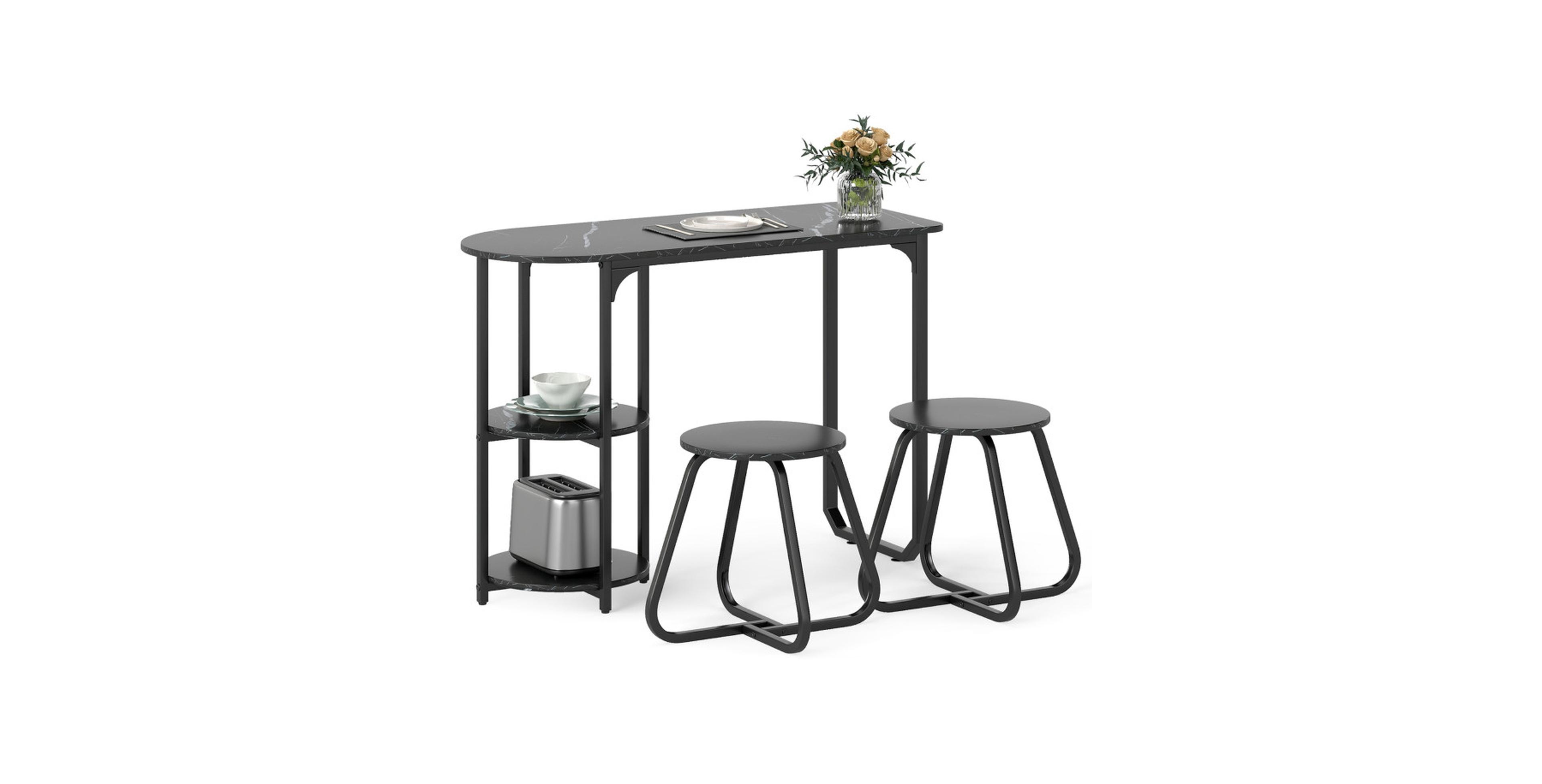 Gouun 3-Piece Industrial Dining Set with 2-Tier Side Storage Shelves