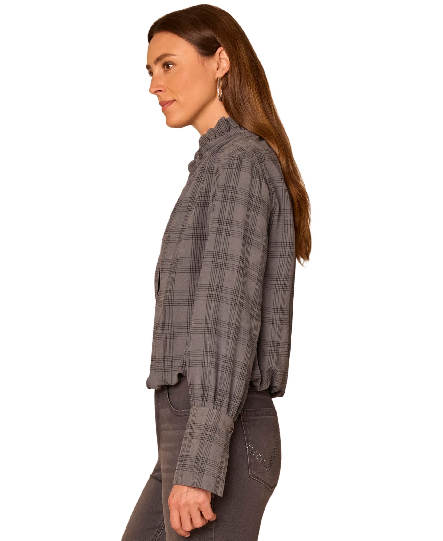 Женская блузка Democracy French-Cuff Ruffle-Neck Plaid, цвет: Dgy Dove G — фото 2