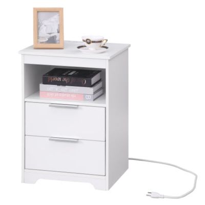 Wooden Nightstand with Charging Station, 2 Drawers and Open Shelf Modern Side Table