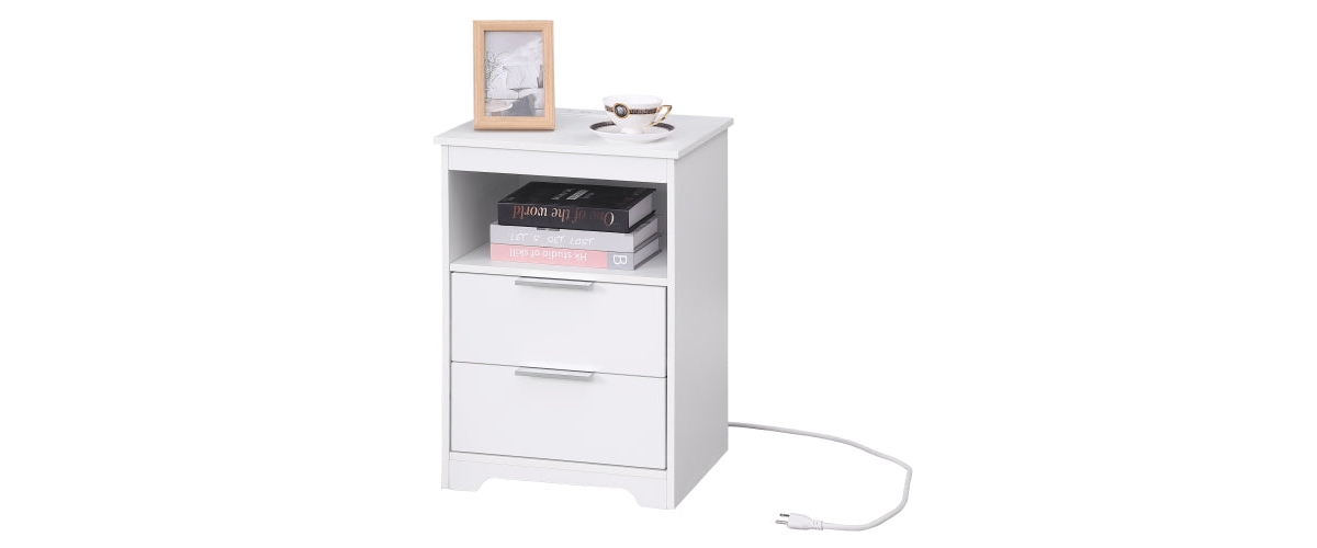 Flynama Wooden Nightstand with Charging Station, 2 Drawers and Open Shelf Modern Side Table