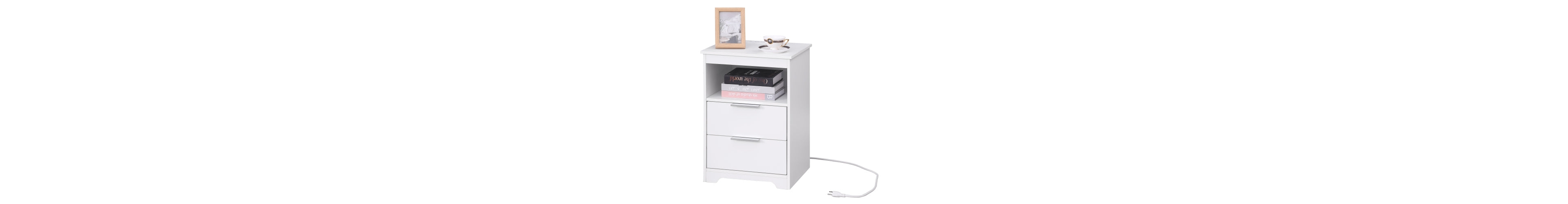 Flynama Wooden Nightstand with Charging Station, 2 Drawers and Open Shelf Modern Side Table