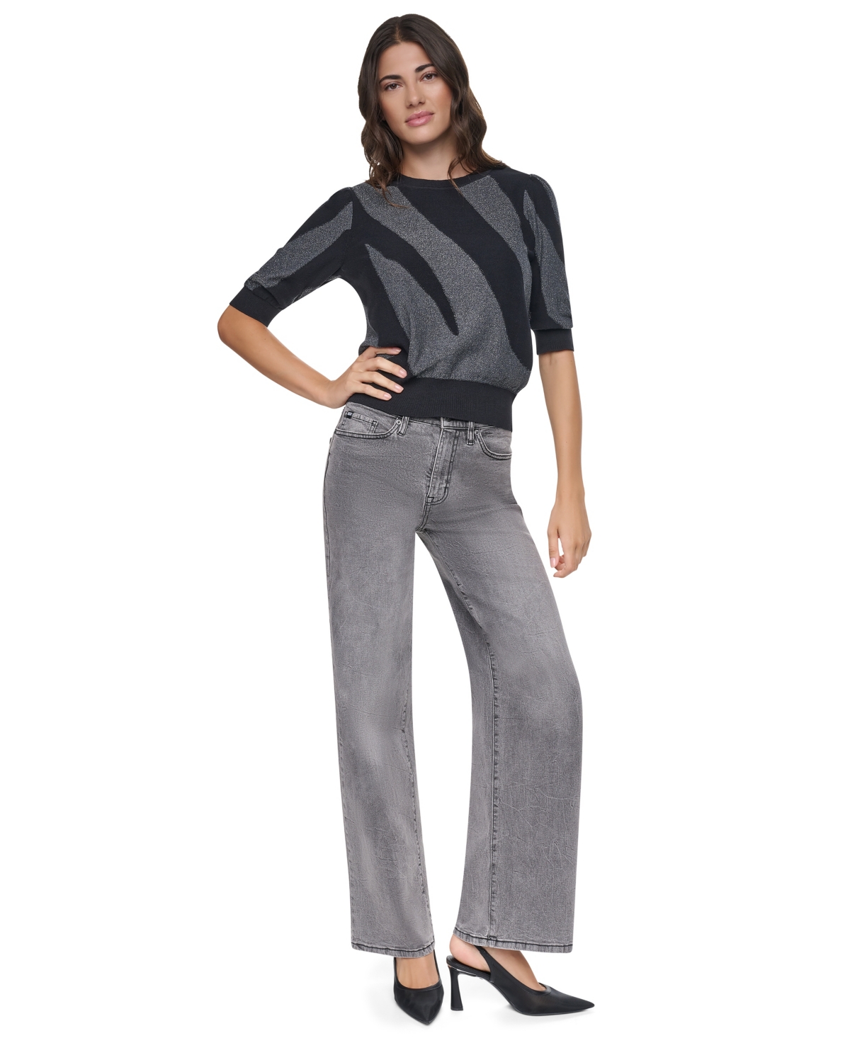 Dkny Women's Colorblock Lurex 3/4-Sleeve Pullover Sweater