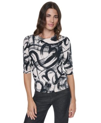 Women's Heart Brushstroke Print Elbow-Sleeve Sweater