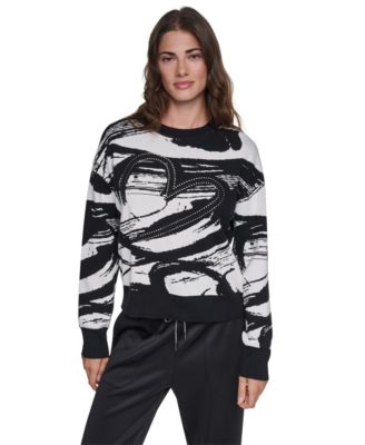 Women's Studded Heart Brush Stroke Crewneck Long-Sleeve Sweater