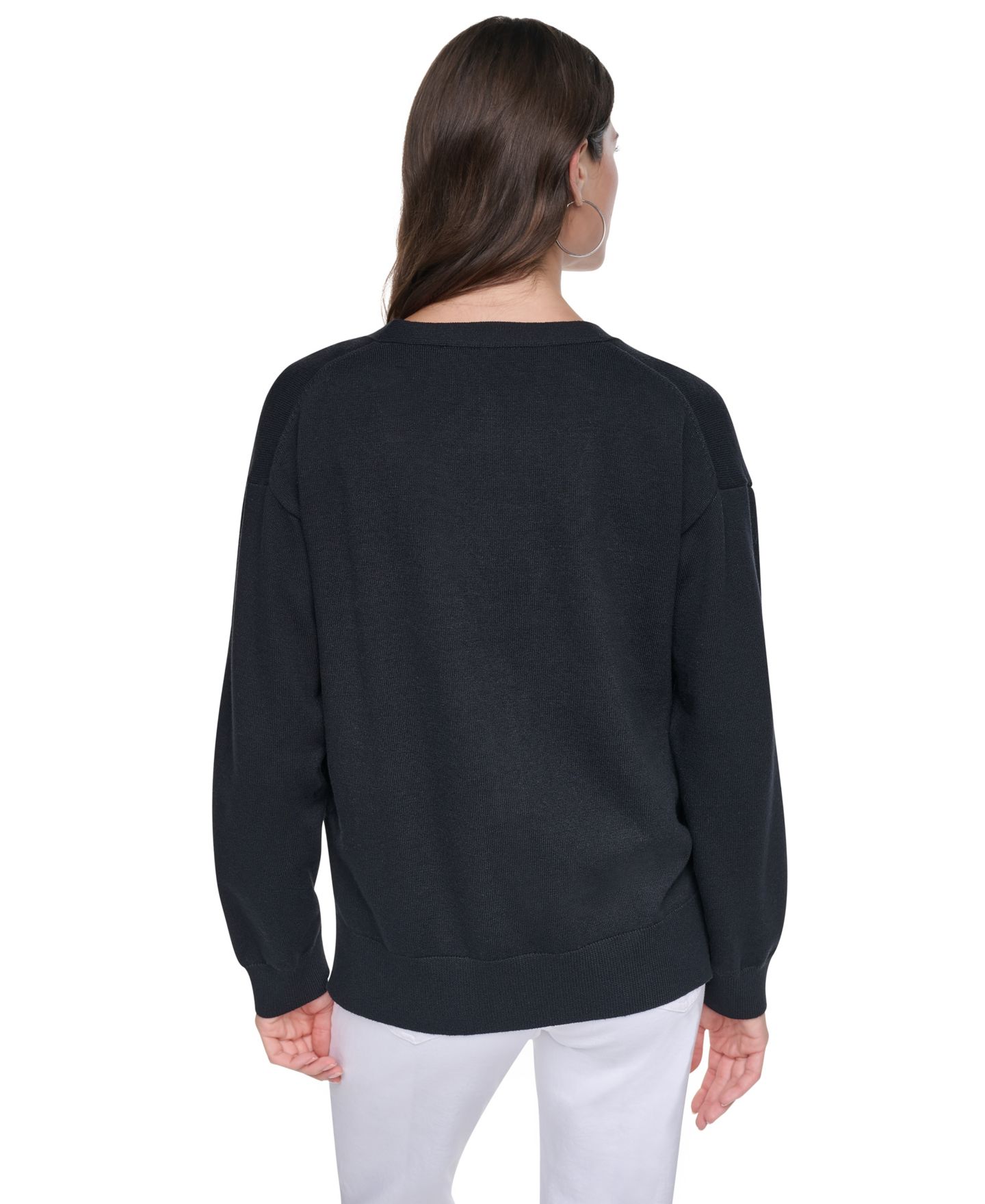 Женский кардиган DKNY Heart Brush Stroke Button-Front V-Neck Cardigan, цвет: Чёрный / Слоновая кость — фото 6