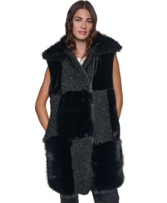 Women's Patch-Mix Mid-Length Collared Faux Fur Vest
