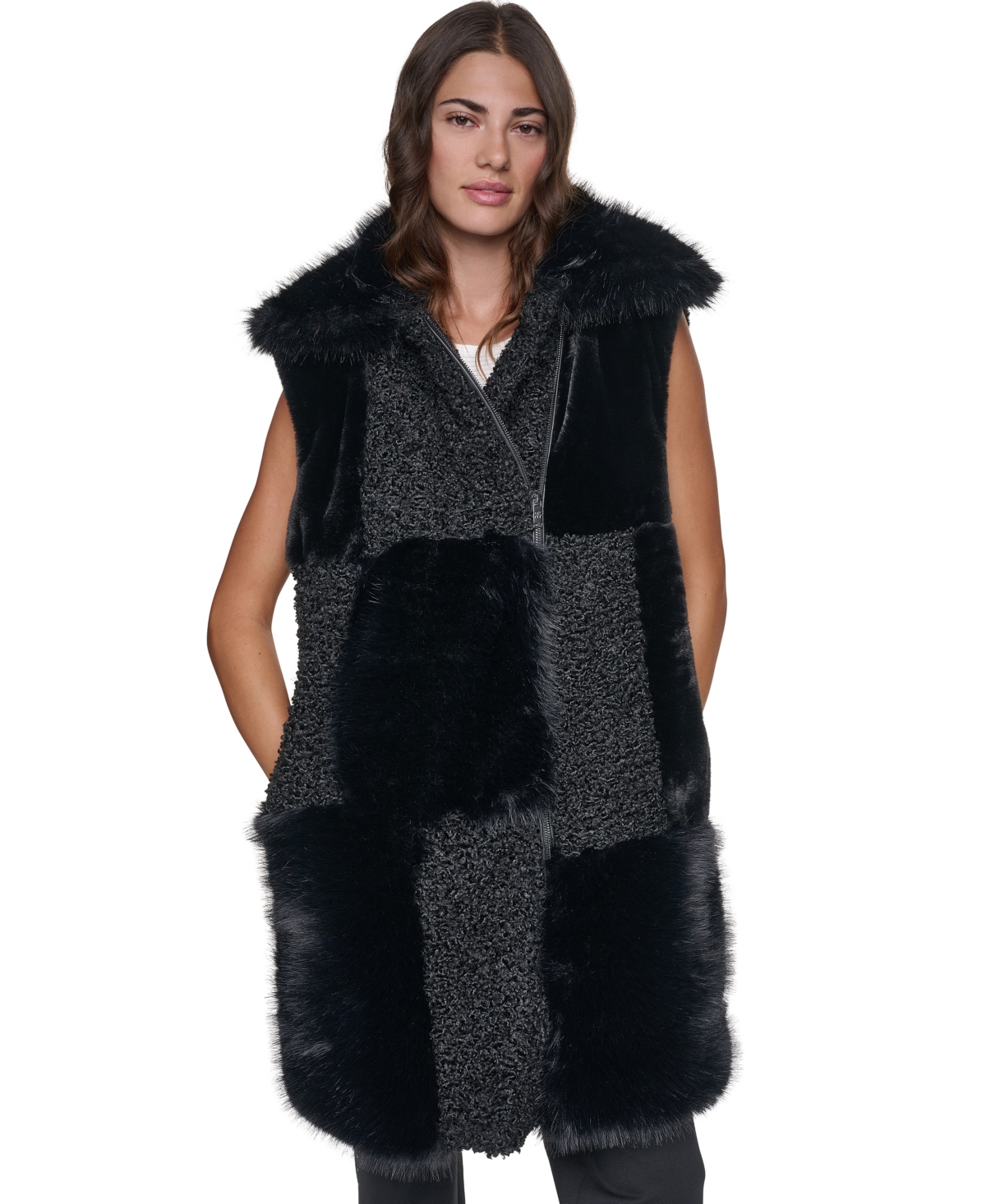 Dkny Women's Patch-Mix Mid-Length Collared Faux Fur Vest
