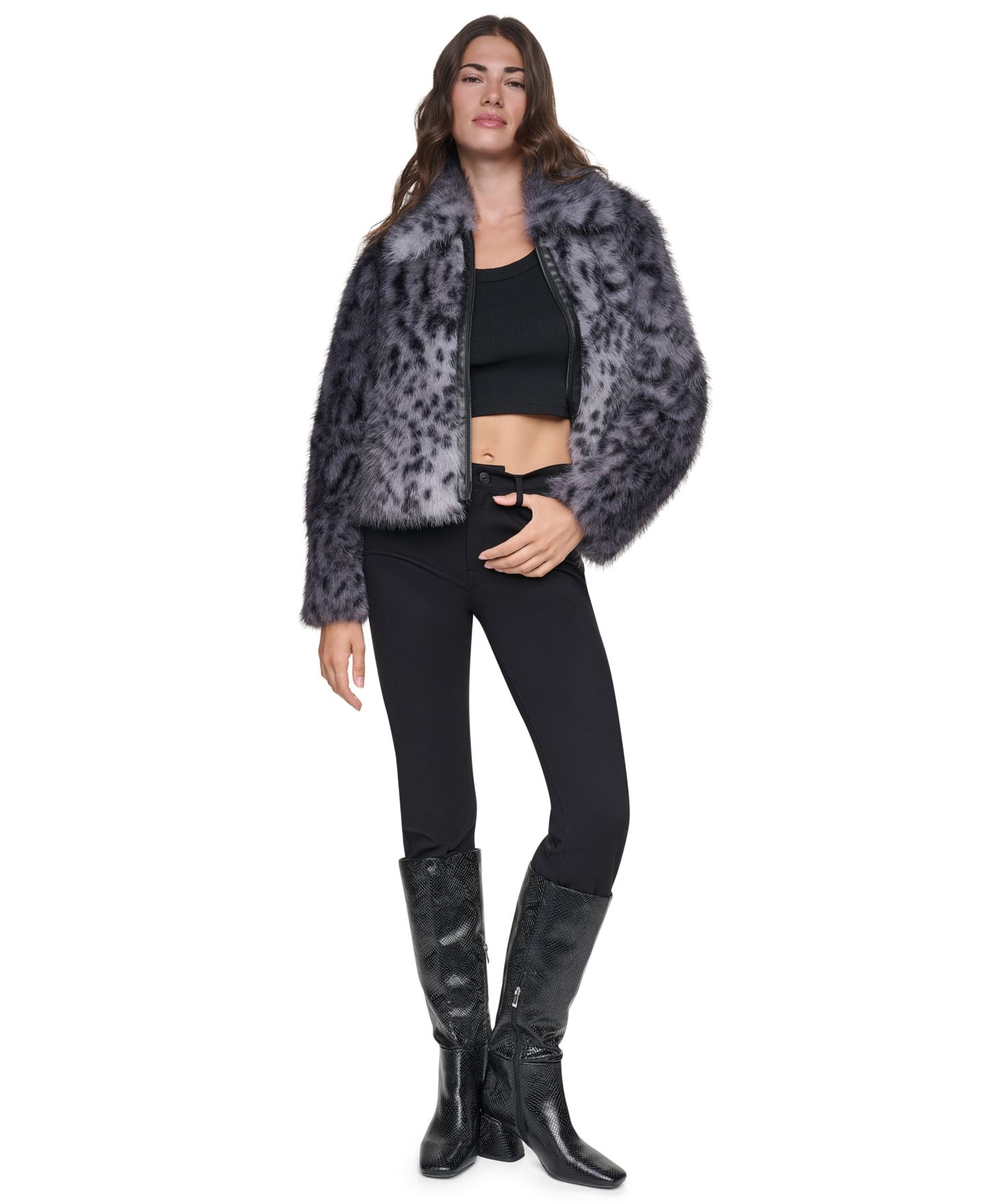 Женская куртка DKNY из искусственного меха с животным принтом, цвет: Серый / Чёрный — фото 2