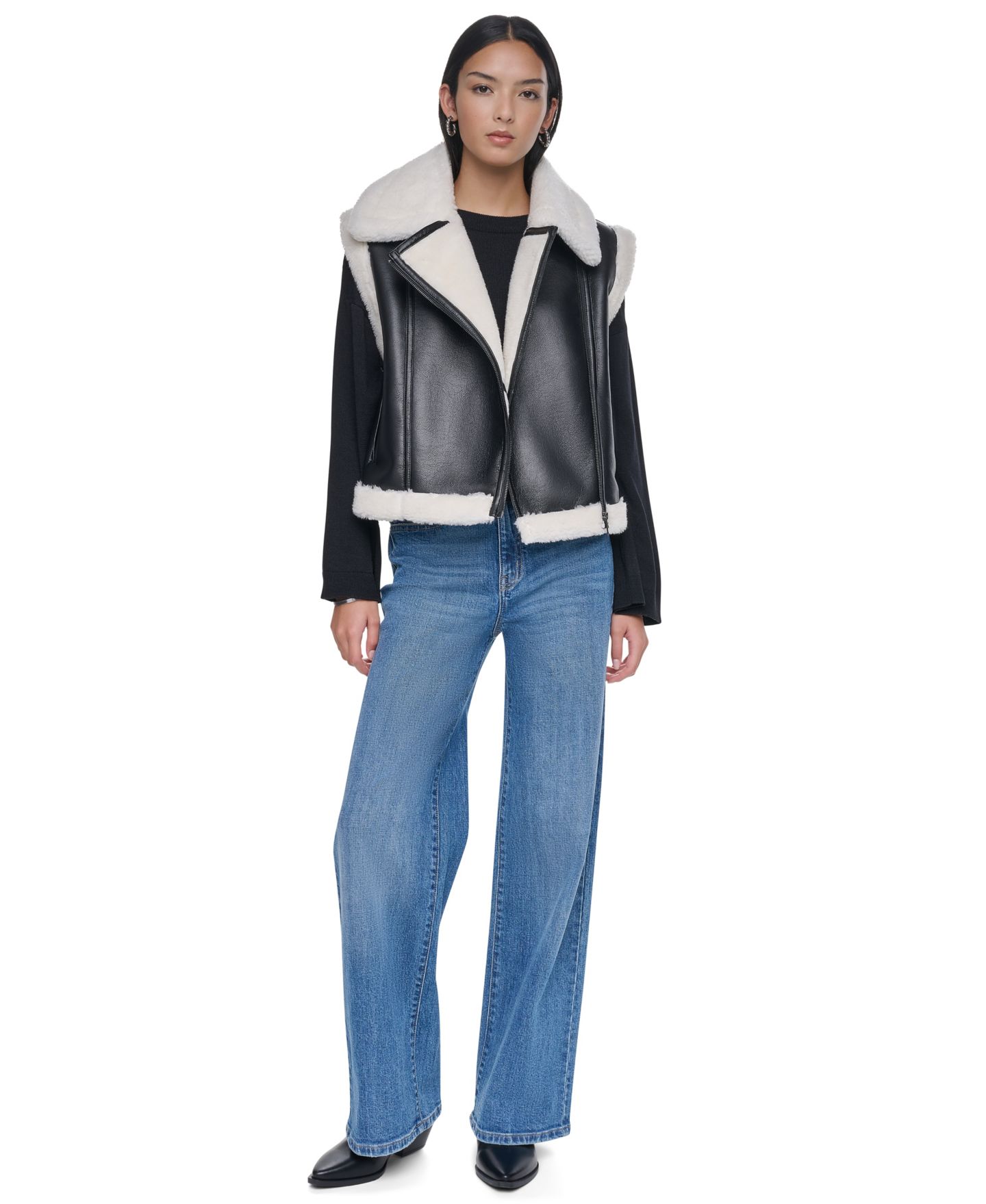 Женский жилет DKNY Moto Faux Shearling Trim, цвет: Чёрный / Слоновая кость — фото 2