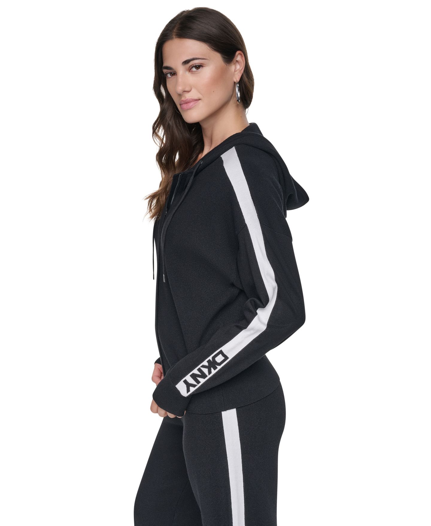 Женское худи DKNY Logo Stripe Full-Zip, цвет: Чёрный / Слоновая кость — фото 4