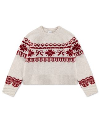 Girls' 5-16 Faux Cashmere Raglan Patterned-Yoke Sweater