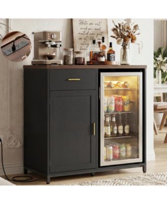 Coffee Bar Cabinet with Mini Fridge Space and Power Outlet