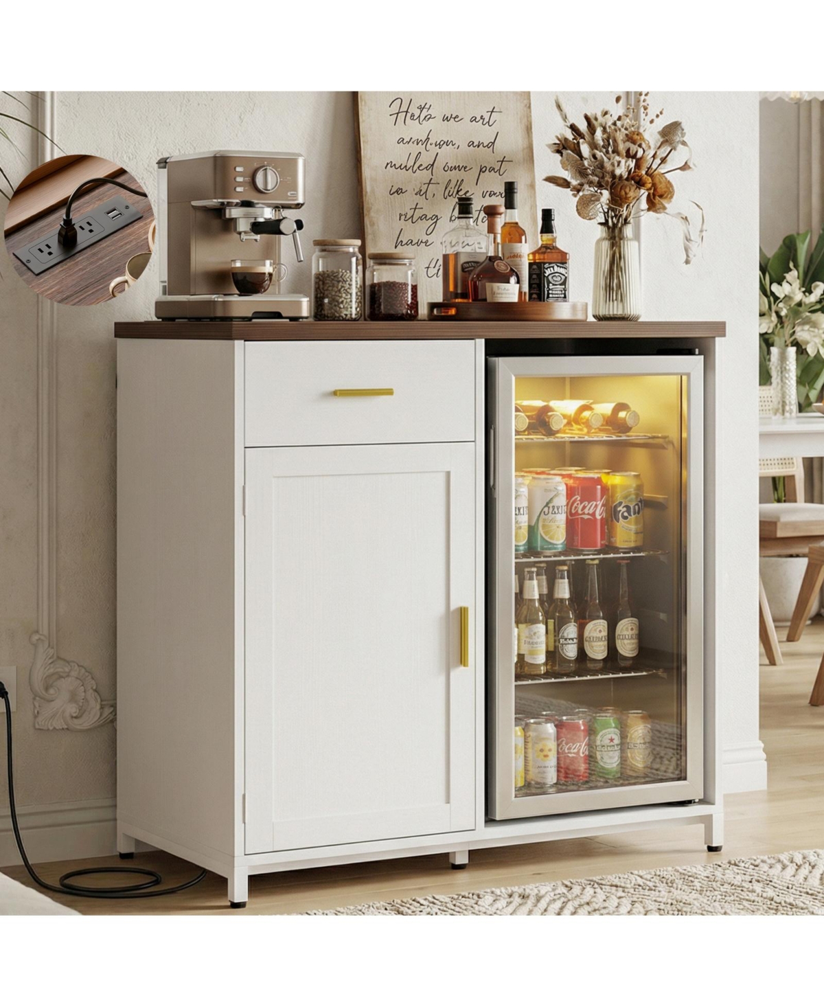Aheaplus Coffee Bar Cabinet with Mini Fridge Space and Power Outlet - White