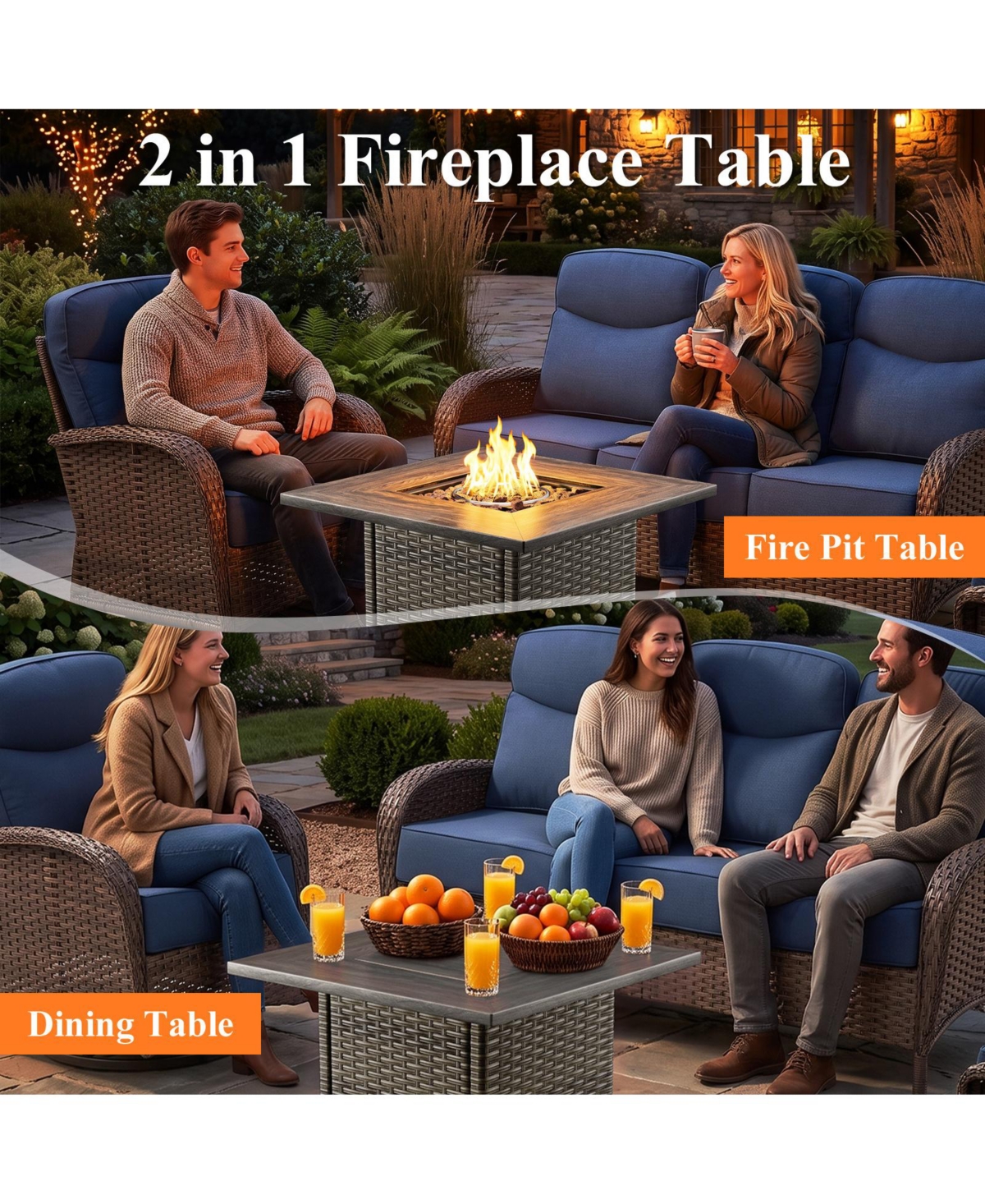 Pocassy 3 Pieces Patio Furniture Set with Fire Pit Table, Rattan Swivel Rocker Chairs Comfy Cushion