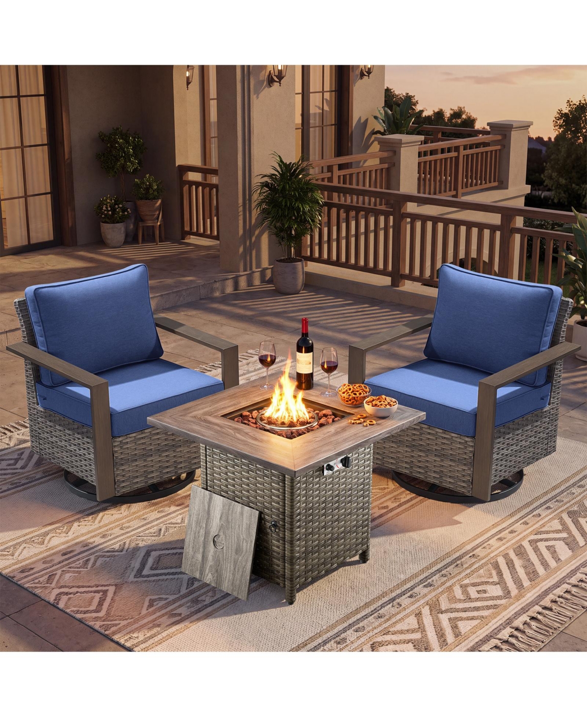 Pocassy 3 Pieces Patio Furniture Set with Fire Pit Table, Rattan Swivel Rocker Chairs Comfy Cushion