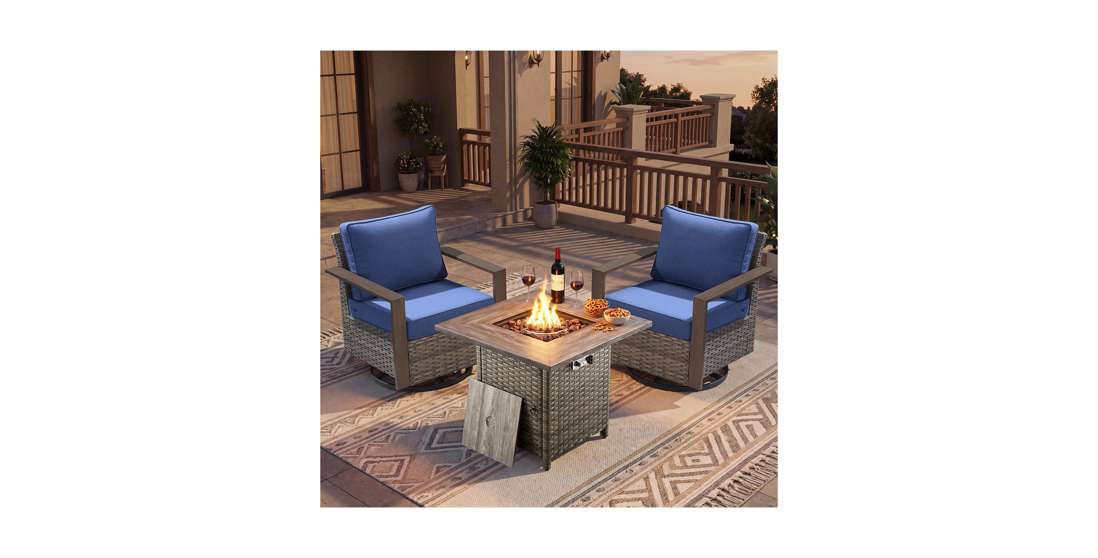 Pocassy 3 Pieces Patio Furniture Set with Fire Pit Table, Rattan Swivel Rocker Chairs Comfy Cushion