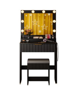 1-Drawer Vanity Dressing Table with 8 LED Lights, Power Strip And Grille