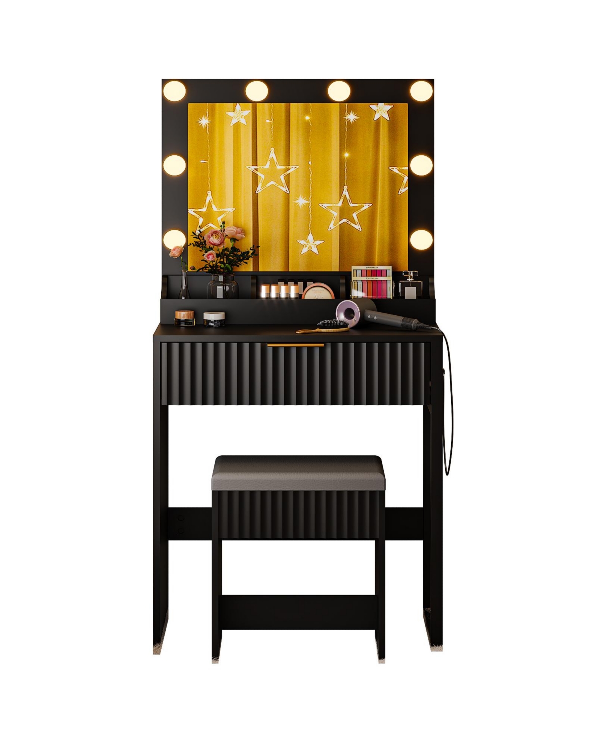 Slickblue 1-Drawer Vanity Dressing Table with 8 Led Lights, Power Strip And Grille - Black