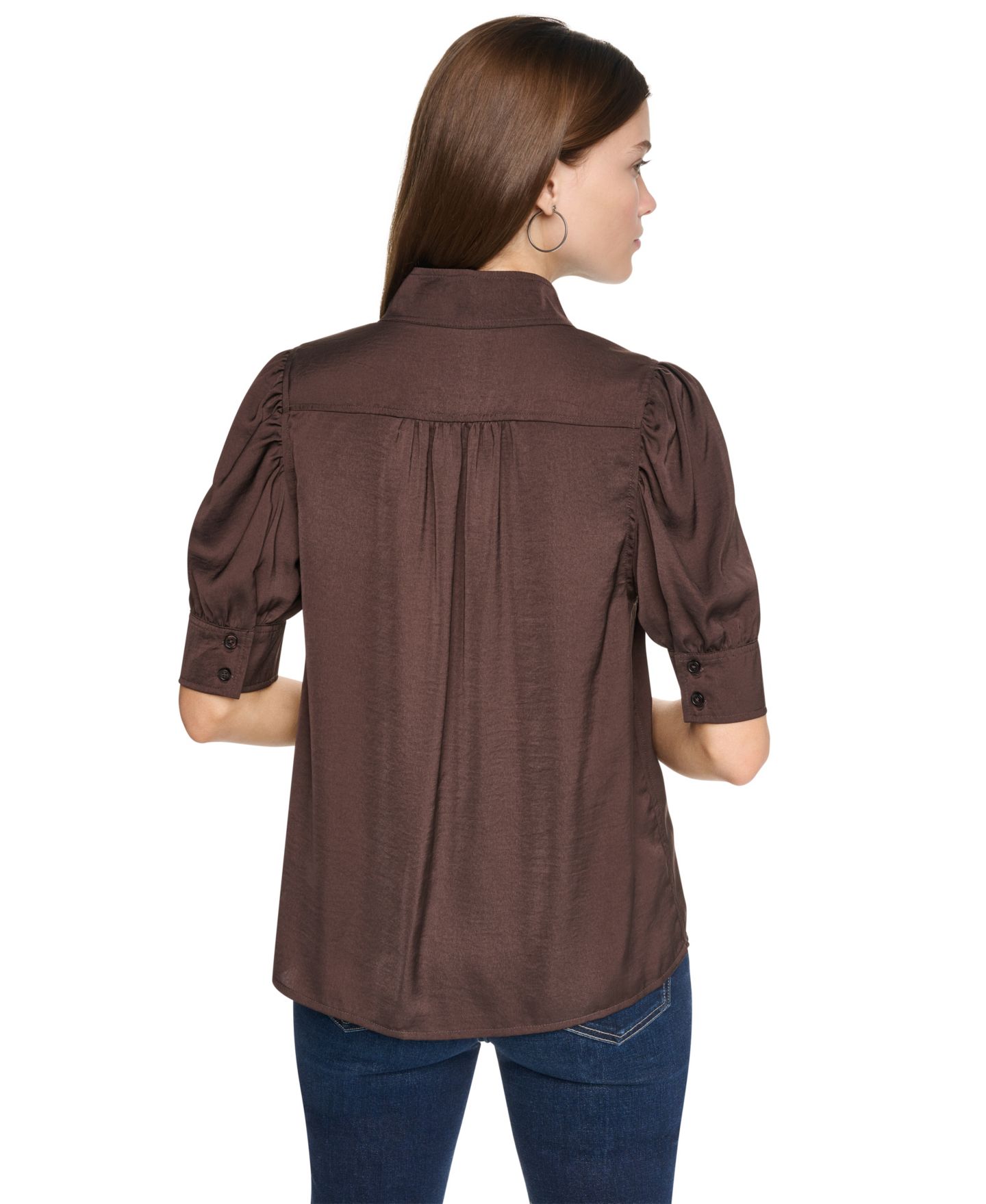 Женская рубашка DKNY Jeans Petite Satin Puff-Sleeve Button-Front, цвет: Тёмно-коричневый — фото 5