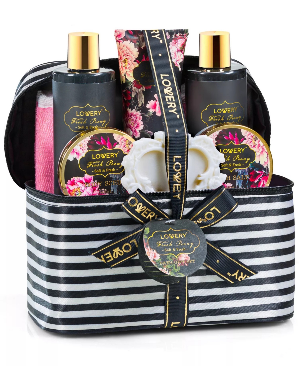 Lovery Fresh Peony Spa Bath and Body Gift Set, 10pc Women's Fragrance and Self Care Gift Set with Lotion, Shower Gel, Scrub, Bath Salts and Loofah