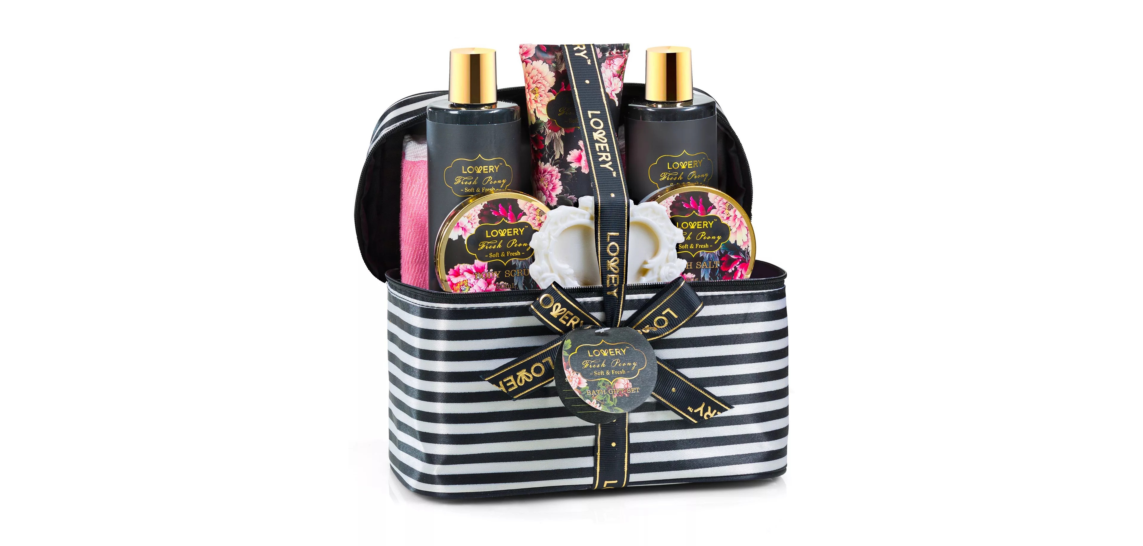 Lovery Fresh Peony Spa Bath and Body Gift Set, 10pc Women's Fragrance and Self Care Gift Set with Lotion, Shower Gel, Scrub, Bath Salts and Loofah