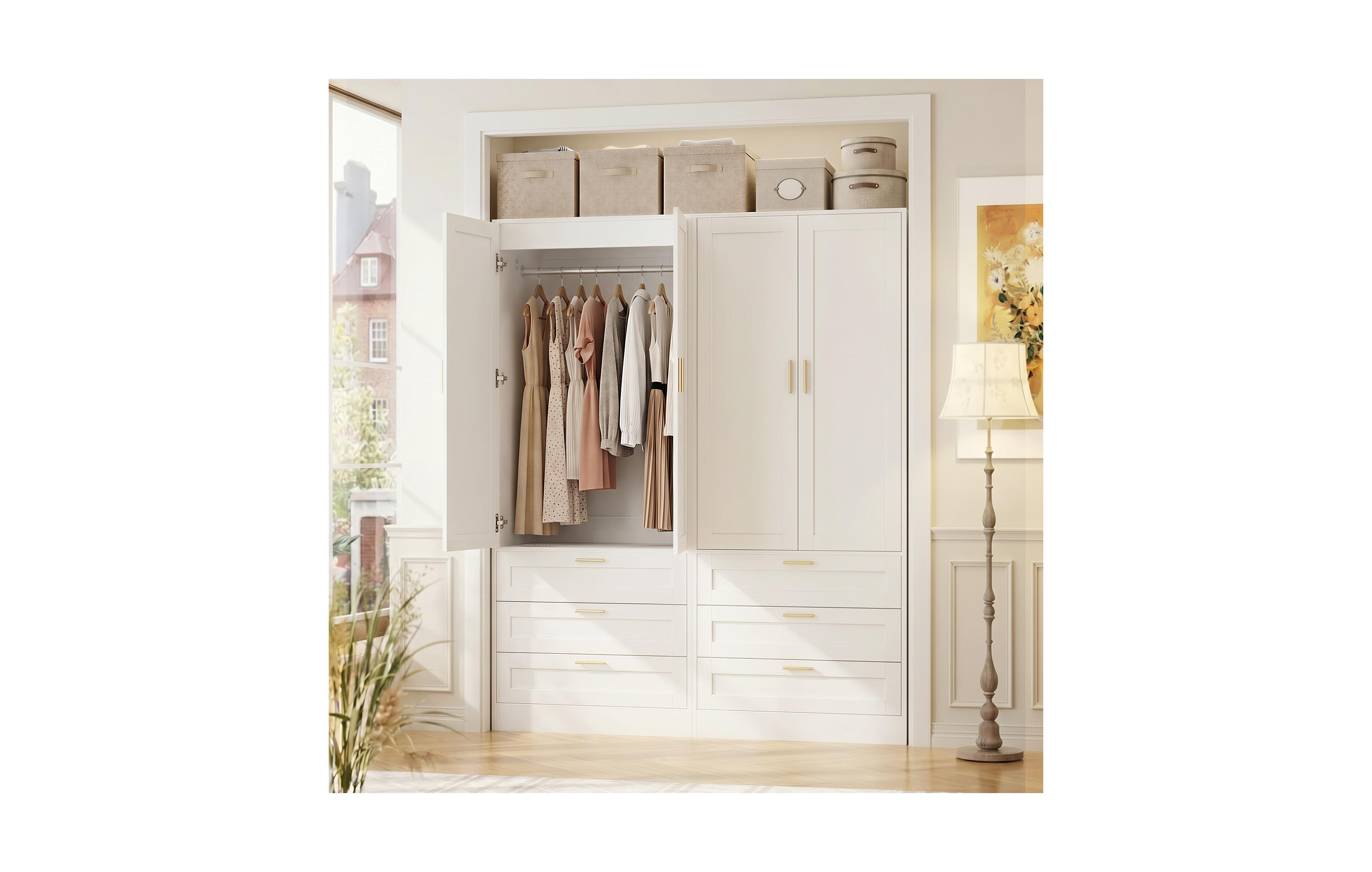 Aheaplus Wooden Wardrobe Set of 2 with 3-Drawers and 2-Doors, Storage Cabinet for Bedroom