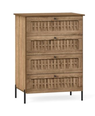 4-Drawer Dresser with Rattan Textured Fronts Interlocking Drawers and Metal Legs