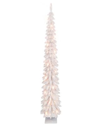 7' Pre-Lit Flocked White Alpine Pencil Christmas Tree