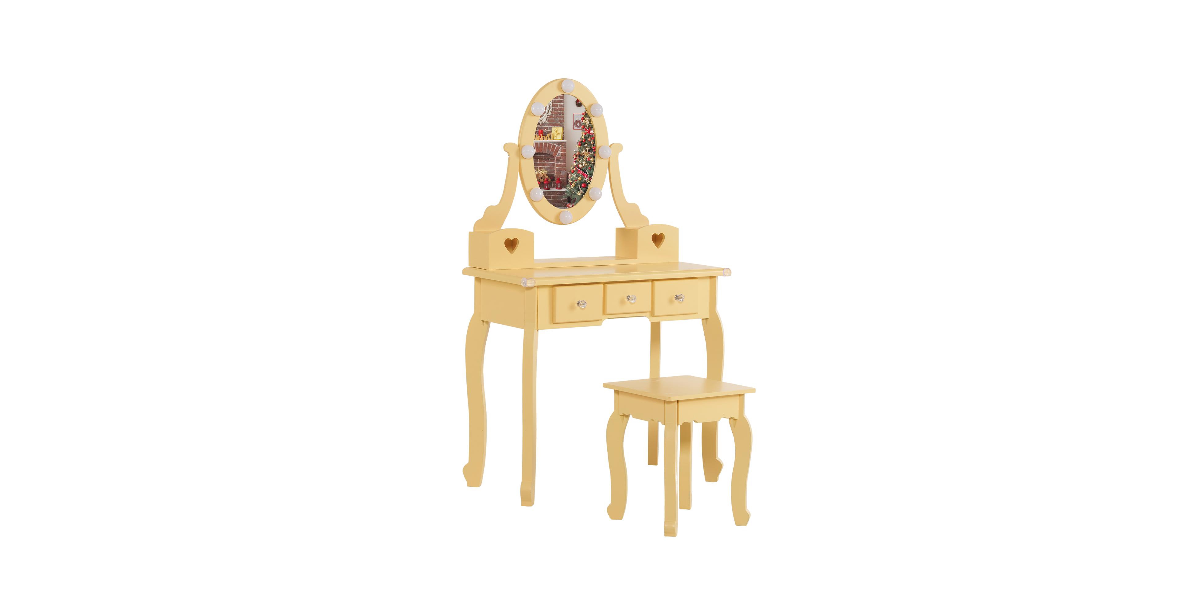 Slickblue Kids Makeup Vanity Table with Mirror, Lights, Stool and 5 Drawers